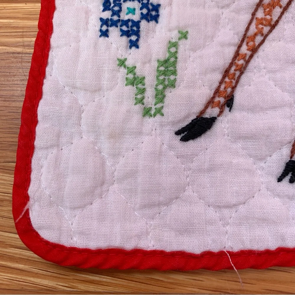 Vintage Handmade Quilted Crossstich Baby Bib Deer Bird Animal Theme